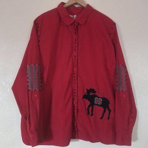 Bobbie Brooks Red Moose Stitching Long Sleeve Button Front Shirt Women's 26/28W